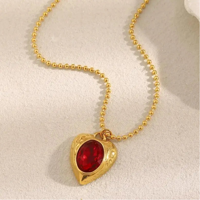 Red Heart Zircon Stone Gold Pendant Valentine's Necklace - Womens