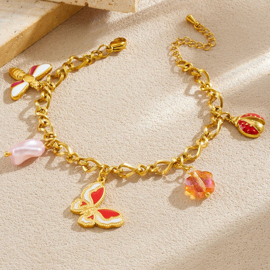 Y2K Dragonfly Ladybug Butterfly Gold Charm Bracelet - Womens