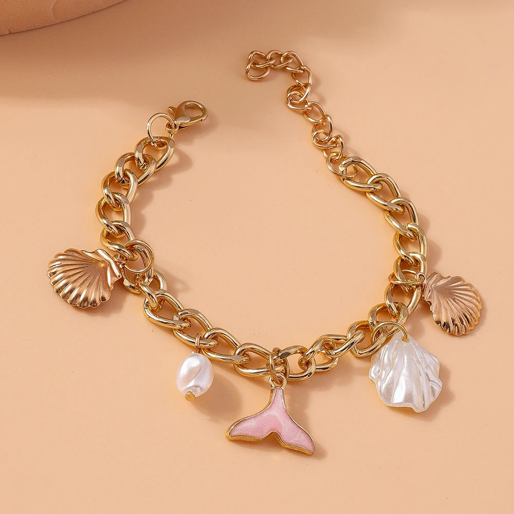 Mermaid Beach Shell Pearl Gold Charm Bracelet - Womens - Adjustable