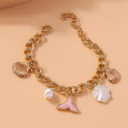 Mermaid Beach Shell Pearl Gold Charm Bracelet - Womens - Adjustable