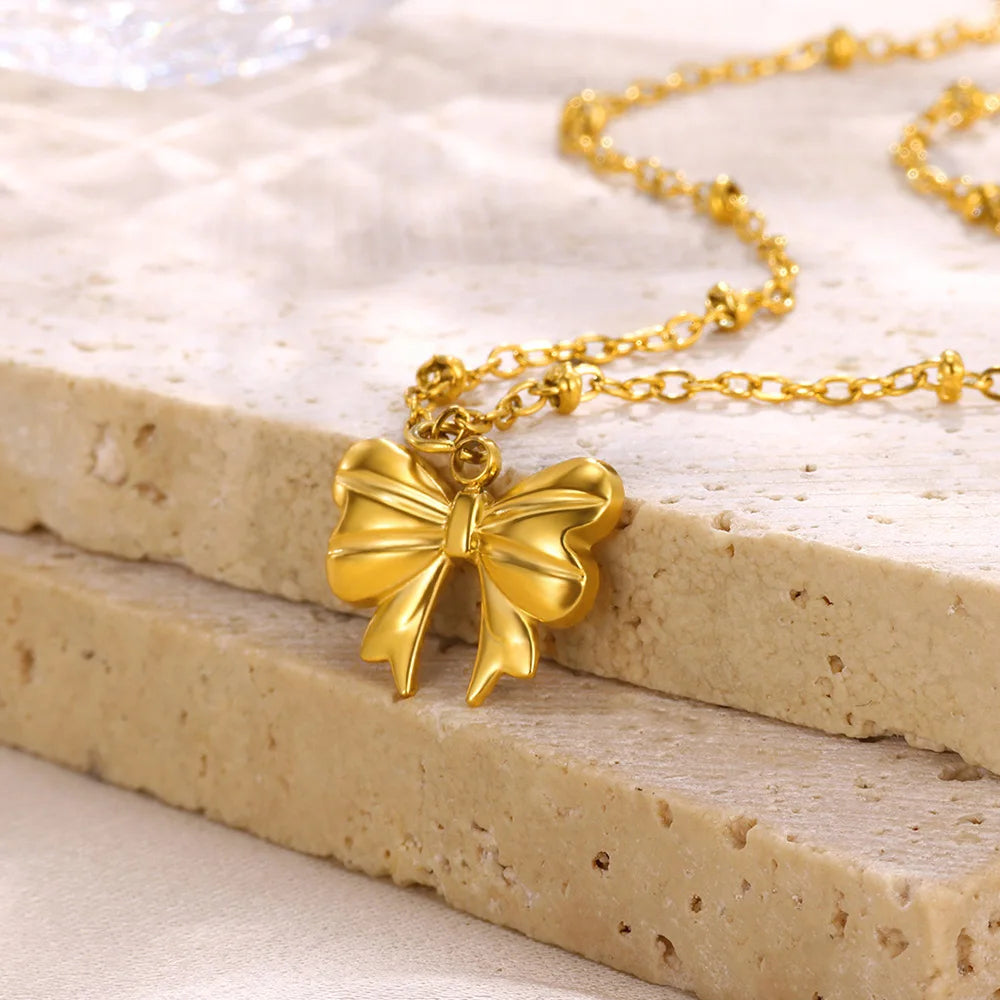 Dainty Coquette Gold Bow Necklace - Womens