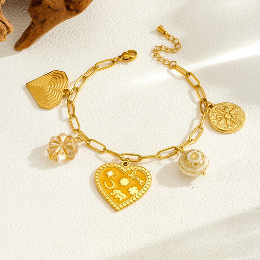 Coquette Heart Flower Gold Charm Bracelet - Womens