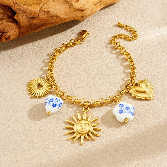 Sun Ceramic Flower Heart Pendant Gold Charm Bracelet - Stainless Steel - Womens