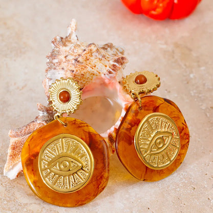 Vintage Amber Resin Evil Eye Gold Drop Earrings - Womens