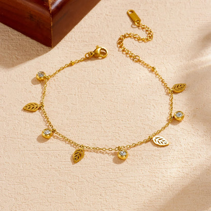 Boho Leaf Silver Zircon Gemstone Pendant Gold Charm Bracelet - Stainless Steel - Womens