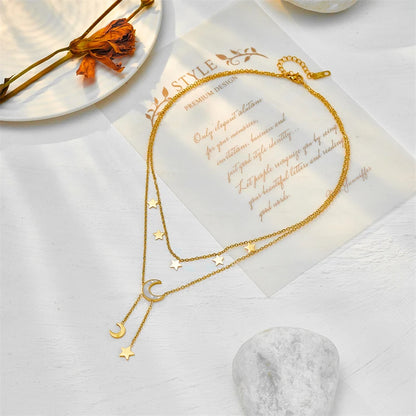 Crescent Moon Star Pendant Layered Gold Charm Necklace - Adjustable - Stainless Steel - Womens