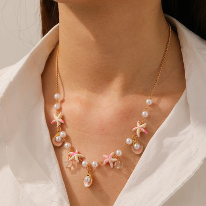 Beach Scallop Shell Starfish Pearl Gold Charm Necklace - Womens