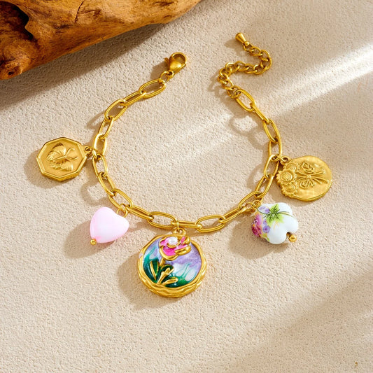 Coquette Flower Butterfly Heart Gold Charm Bracelet - Womens