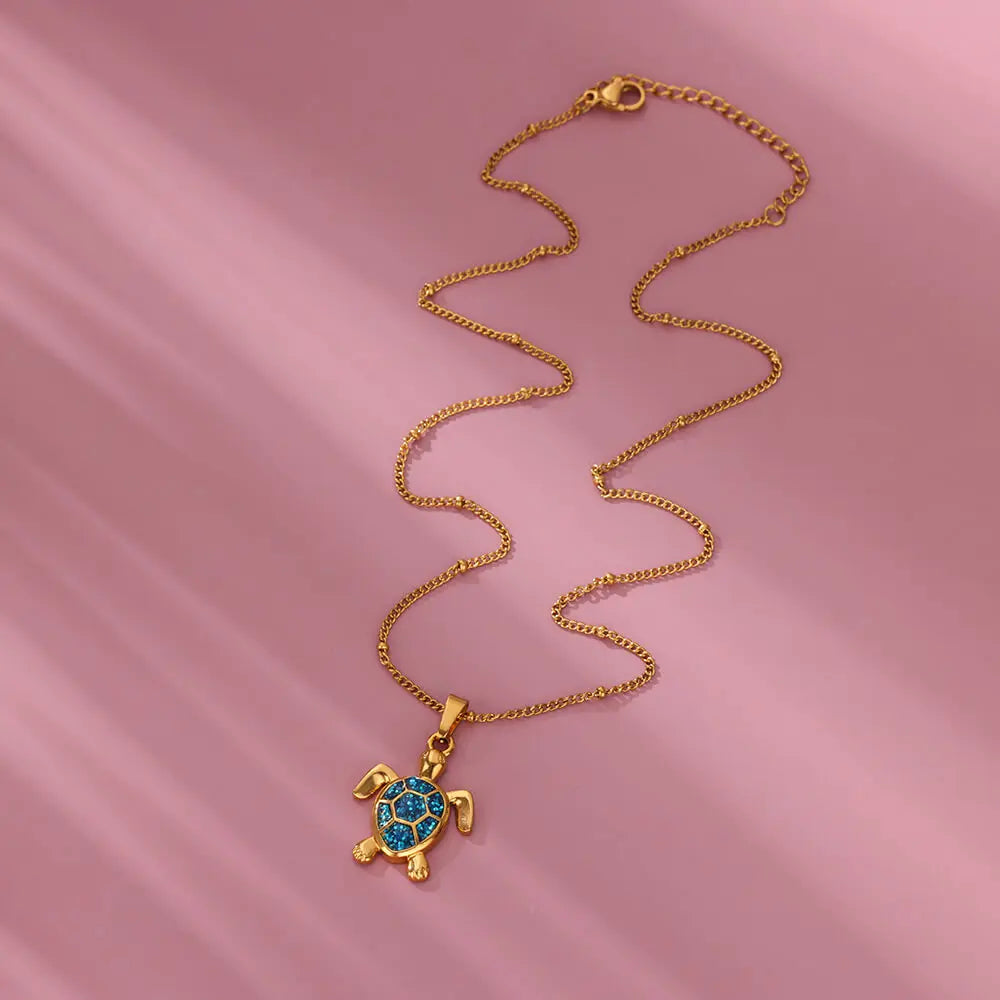 Boho Beach Turtle Pendant White, Blue & Green Charm Necklace - Womens