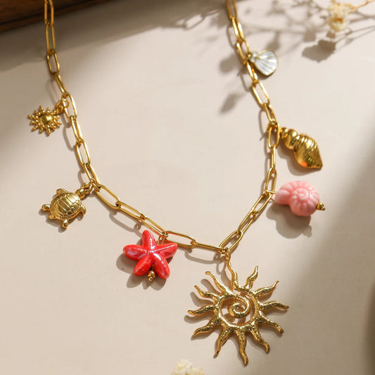 Boho Beach Mermaid Seashell Sun Gold Pendant Charm Necklace - Womens