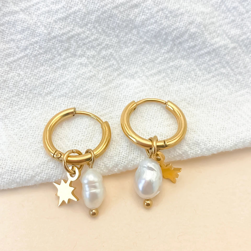 Dainty Star Baroque Pearl Dangle Gold Hoop Earrings - Stainless Steel - Womens