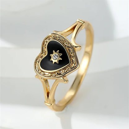 Vintage Black Enamel Heart and Sun Gold Valentine's Day Ring - Womens