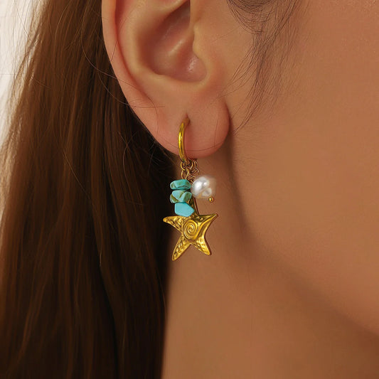 Boho Beach Turquoise Pearl Gold Starfish Earrings - Womens