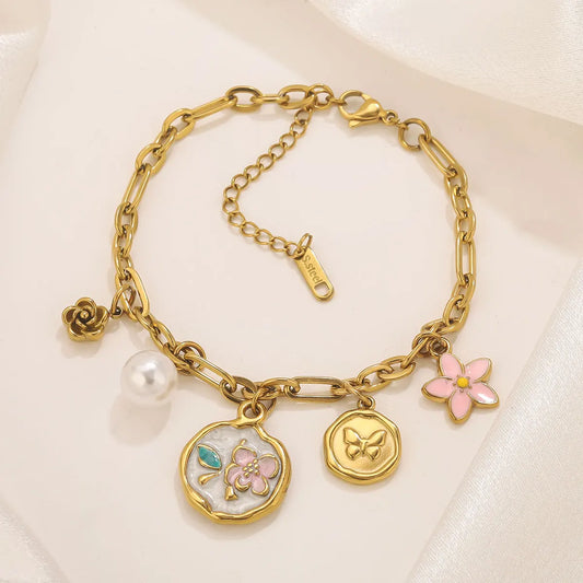Coquette Flower Pearl Vintage Gold Charm Bracelet - Womens