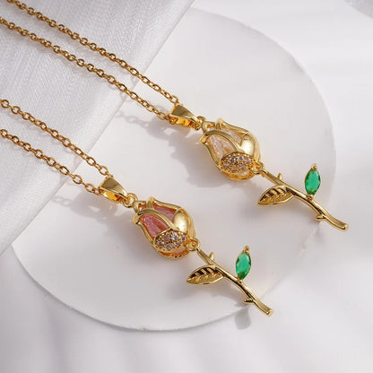 Zircon Tulip Flower Pendant Necklace - Pink, Red & White - Womens