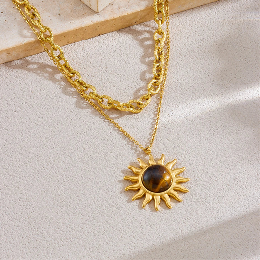 Boho Amber Sun Layered Gold Pendant Necklace - Womens