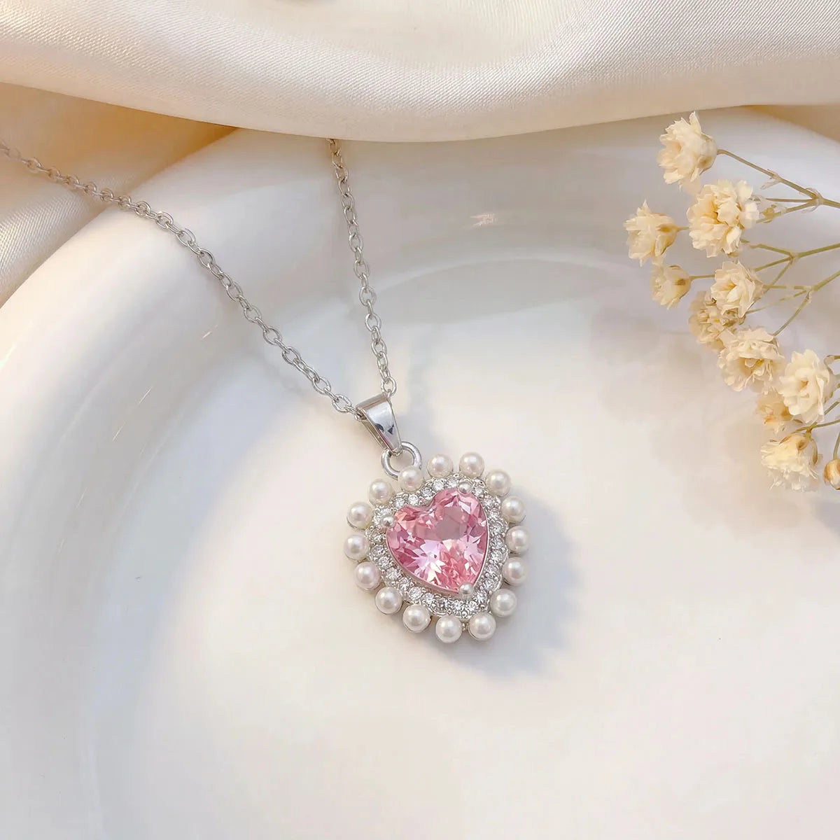Vintage Zircon Pearl Heart Pendant Necklace - Gold & Silver - Womens