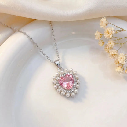 Vintage Zircon Pearl Heart Pendant Necklace - Gold & Silver - Womens