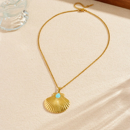 Boho Beach Seashell Turquoise Waterdrop Gold Pendant Necklace - Stainless Steel - Womens