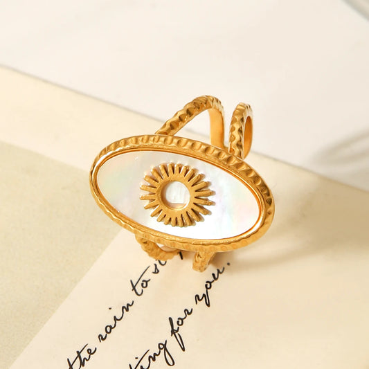 Boho White Pearl Shell Sun Hammered Adjustable Ring - Womens