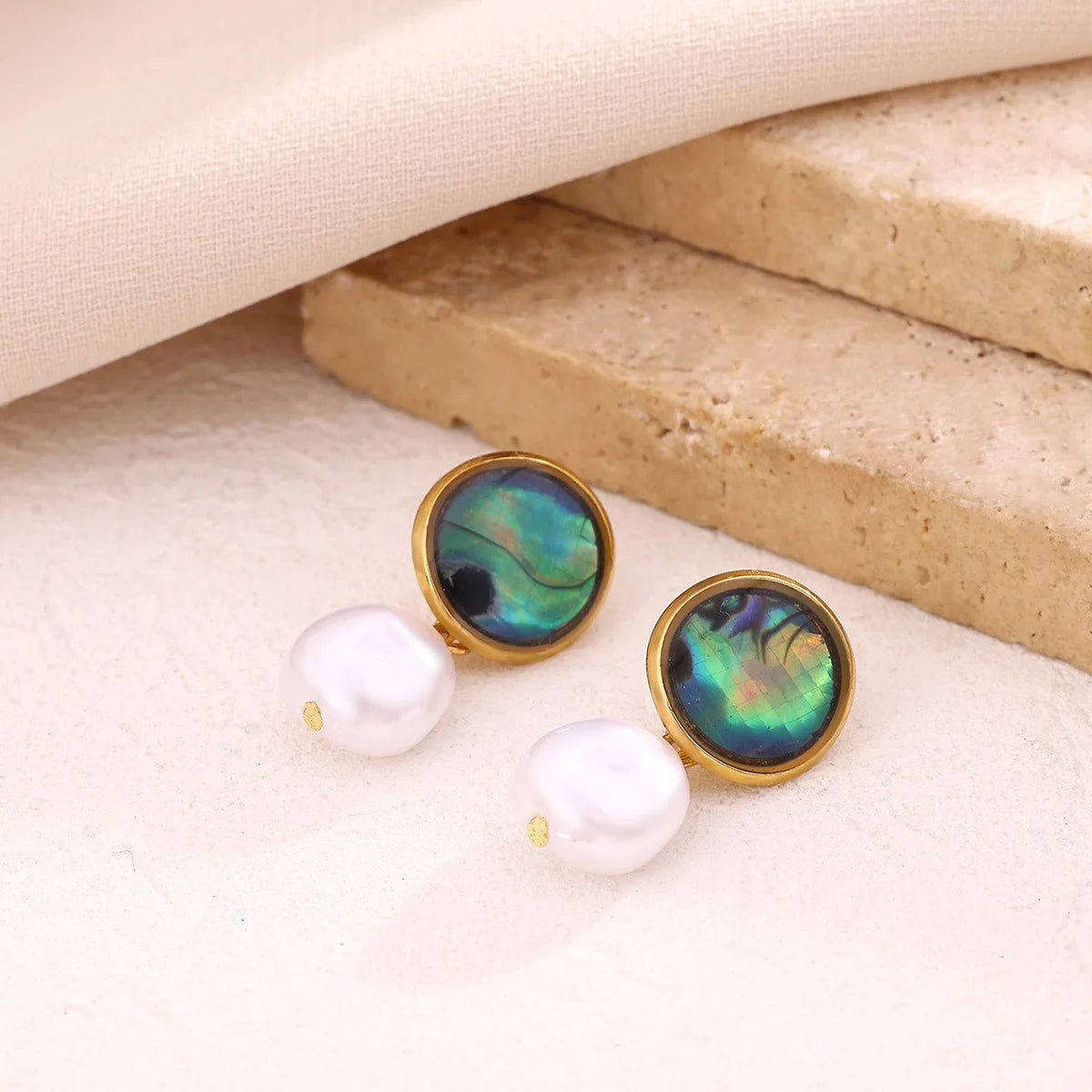 Boho Beach Pearl Abalone Shell Pendant Gold Dangle Earrings - Stainless Steel - Womens