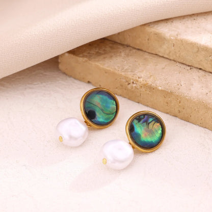 Boho Beach Pearl Abalone Shell Pendant Gold Dangle Earrings - Stainless Steel - Womens