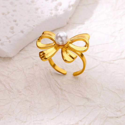 Coquette White Pearl Gold Bow Adjustable Ring - Womens