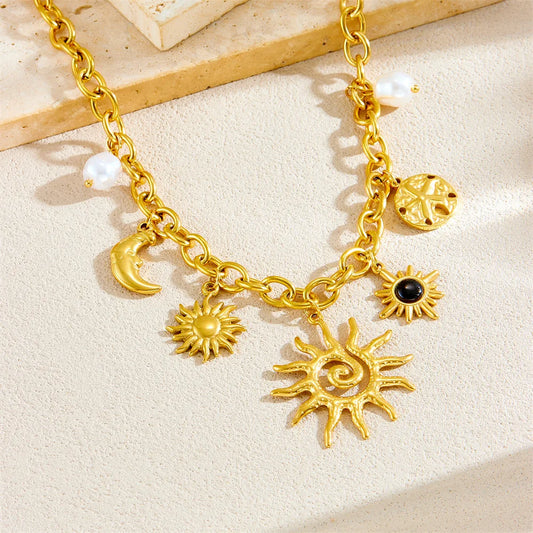 Starfish Sun and Moon Pearl Pendant Gold Charm Necklace - Womens