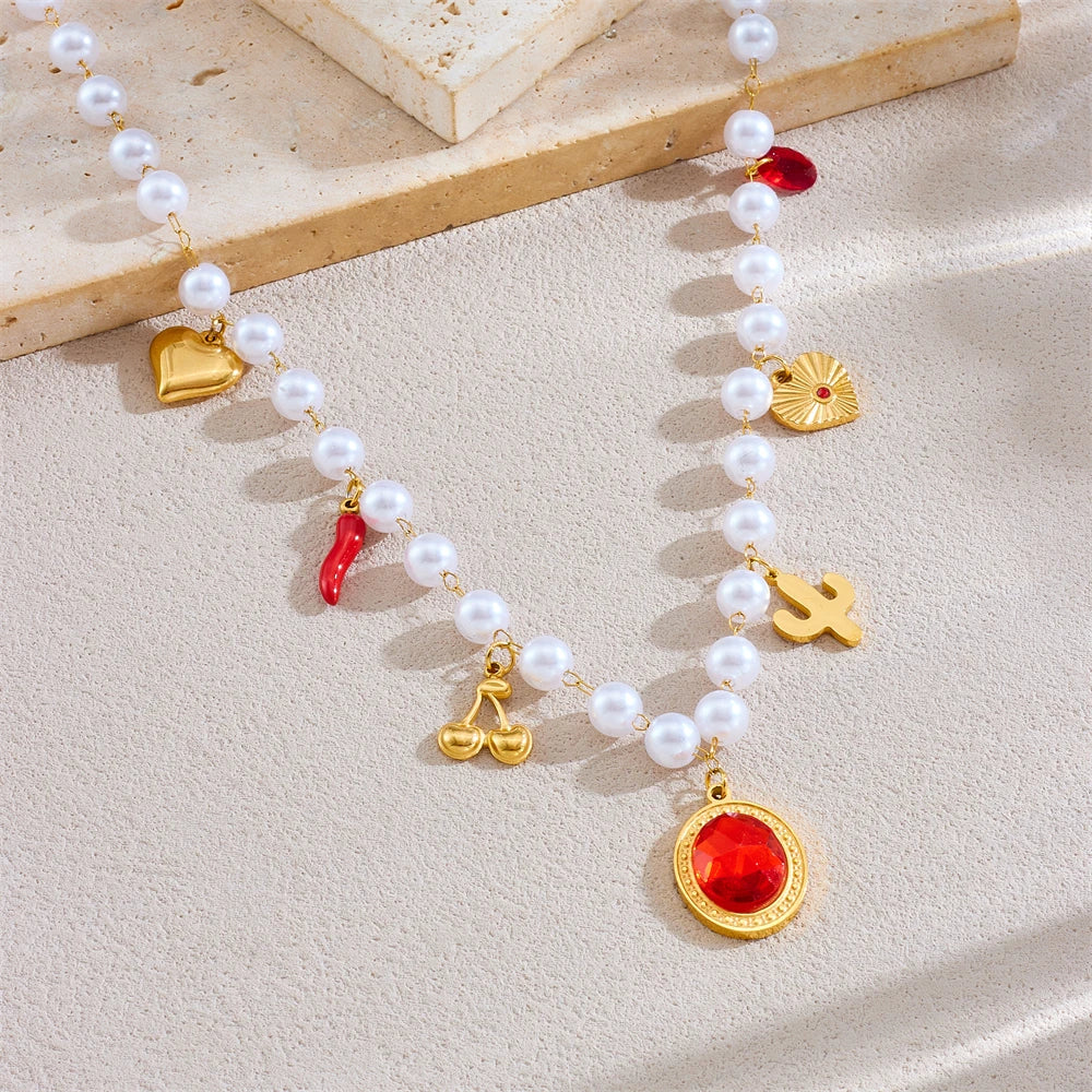 Ruby Cherry Heart Pendant Pearl Necklace - Stainless Steel - Womens