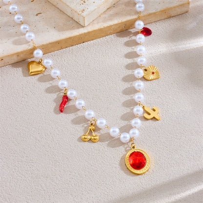 Ruby Cherry Heart Pendant Pearl Necklace - Stainless Steel - Womens