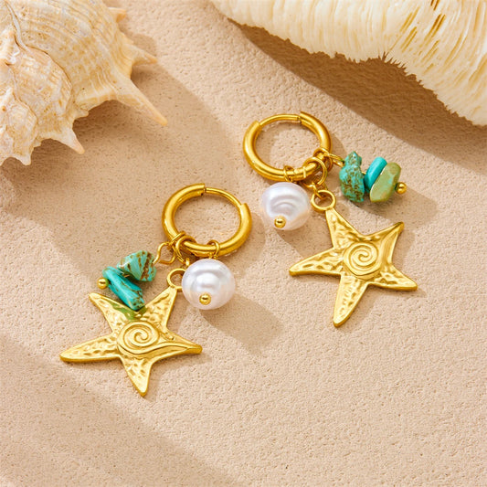 Boho Beach Turquoise Pearl Gold Starfish Earrings - Womens