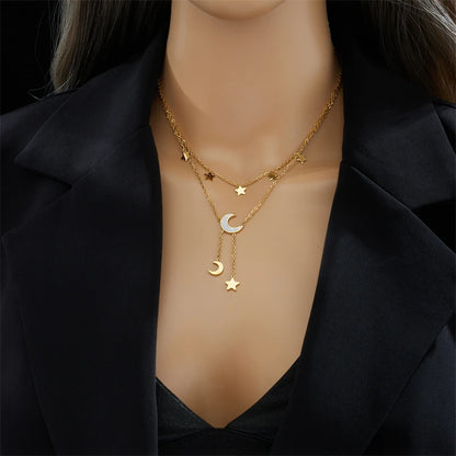 Crescent Moon Star Pendant Layered Gold Charm Necklace - Adjustable - Stainless Steel - Womens
