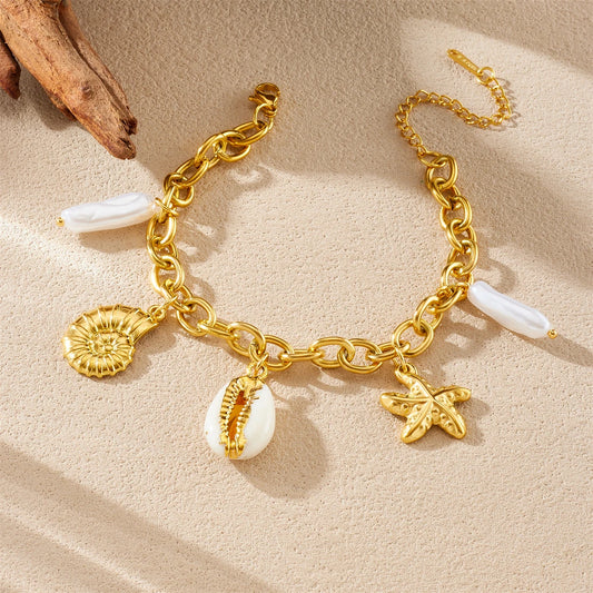 Boho Beach Cowrie Shell Pearl Gold Charm Bracelet - Womens