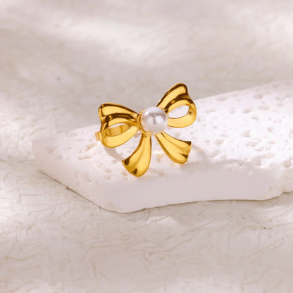 Coquette White Pearl Gold Bow Adjustable Ring - Womens
