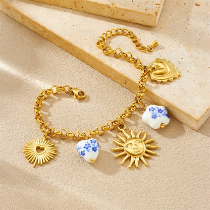 Sun Ceramic Flower Heart Pendant Gold Charm Bracelet - Stainless Steel - Womens