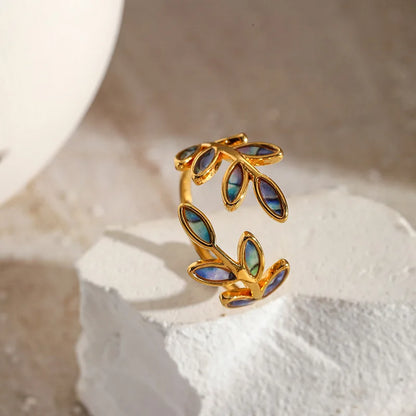 Dainty Vintage Enamel Leaf Open Gold Ring - Adjustable - Stainless Steel - Womens