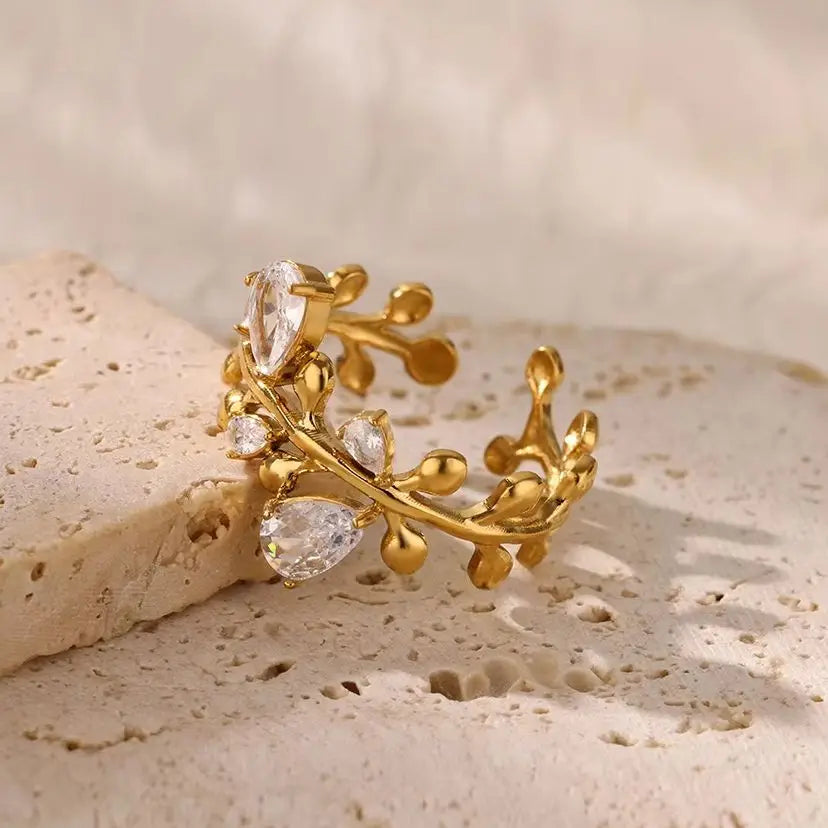 Vintage Zircon Gold Leaf Adjustable Ring - Womens