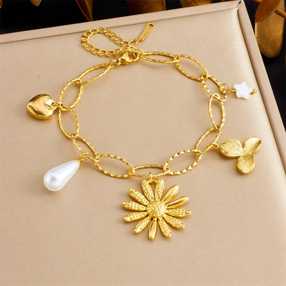 Coquette Flower Heart Chain Gold Pearl Pendant Bracelet - Womens - Adjustable