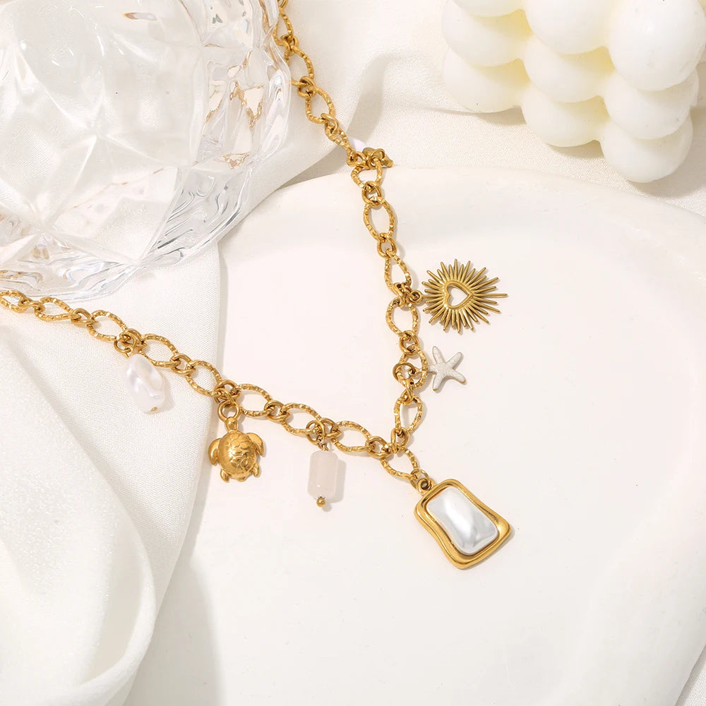 Boho Beach Turtle Starfish Pearl Pendant Gold Charm Necklace - Womens