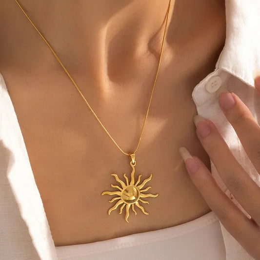 Boho Sun Pendant Gold Charm Necklace - Womens
