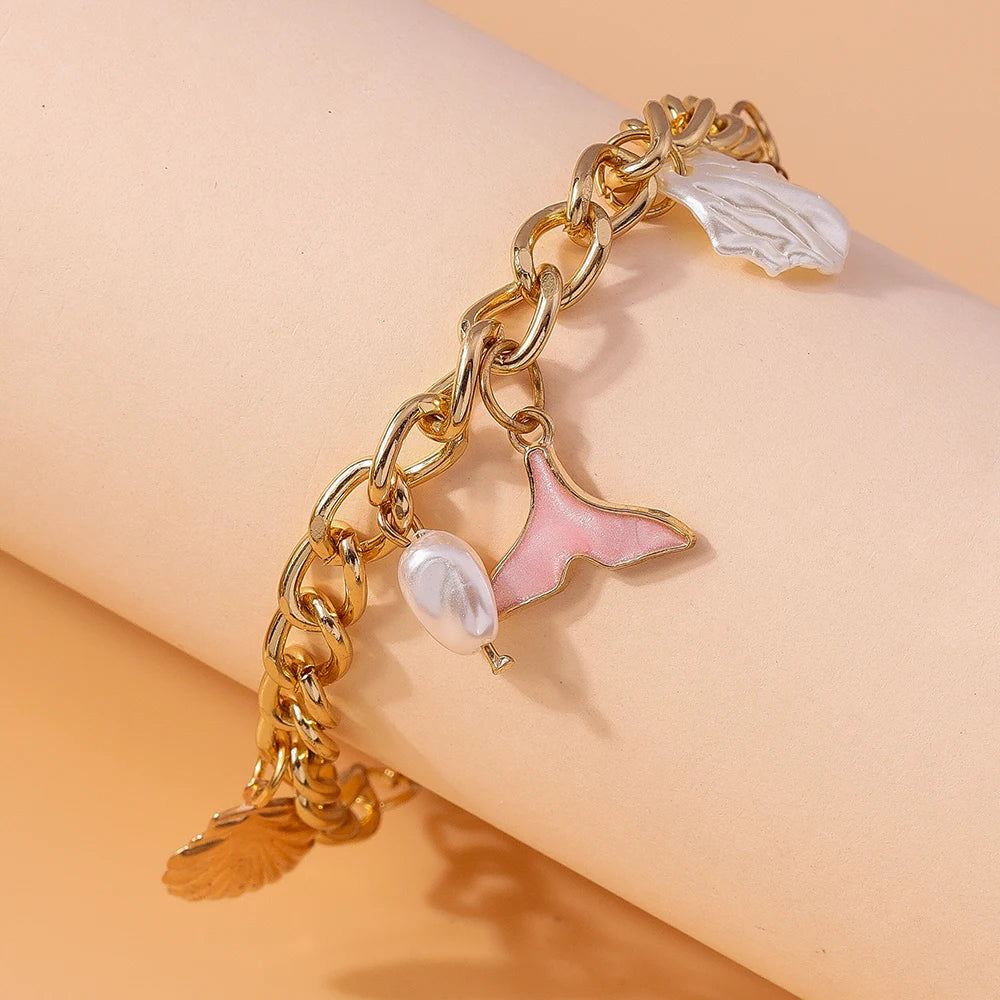 Mermaid Beach Shell Pearl Gold Charm Bracelet - Womens - Adjustable