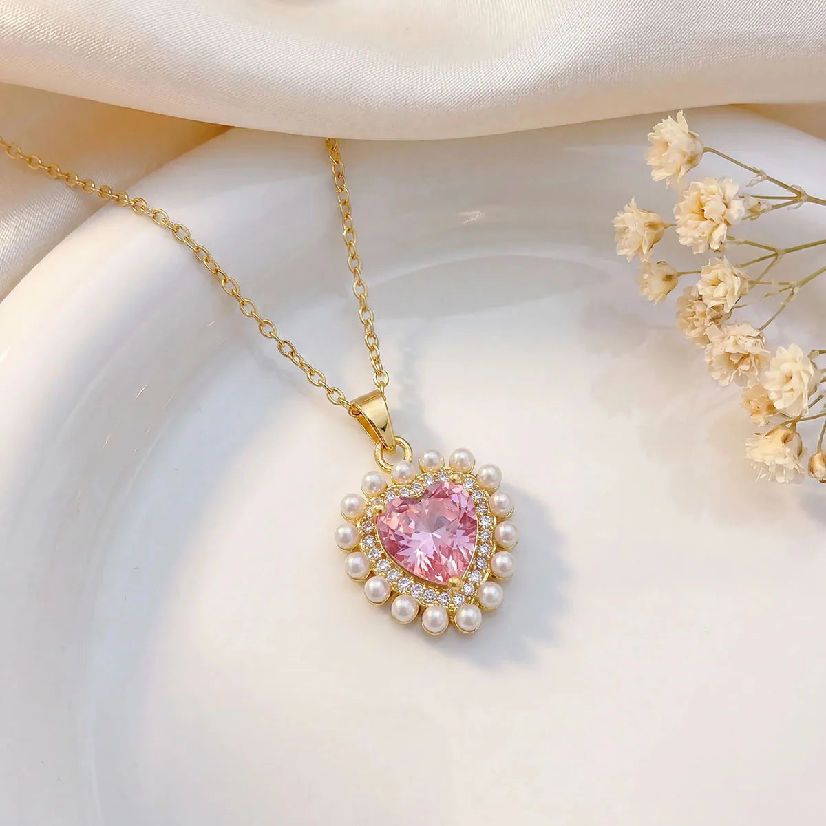 Vintage Zircon Pearl Heart Pendant Necklace - Gold & Silver - Womens
