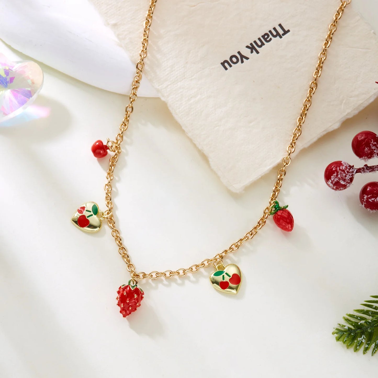 Y2K Strawberry Cherry Love Heart Pendant Gold Charm Necklace - Womens