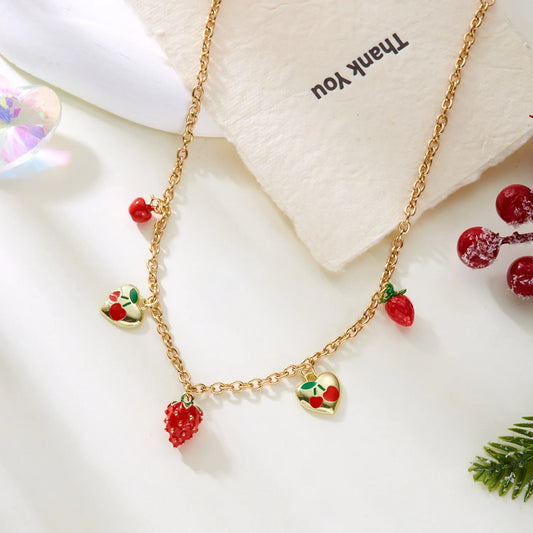 Y2K Strawberry Cherry Love Heart Pendant Gold Charm Necklace - Womens