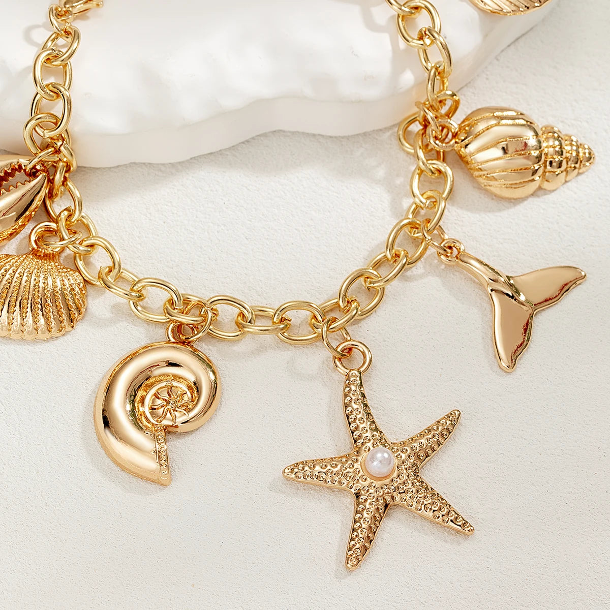 Boho Shell Starfish Mermaid Gold Pendant Adjustable Charm Bracelet - Womens