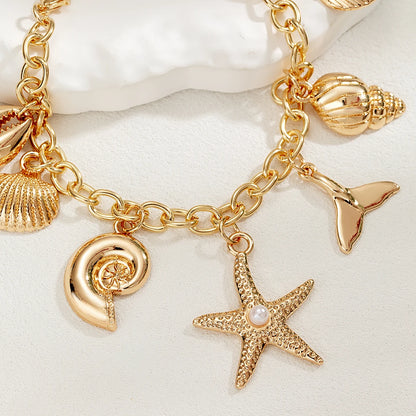 Boho Shell Starfish Mermaid Gold Pendant Adjustable Charm Bracelet - Womens