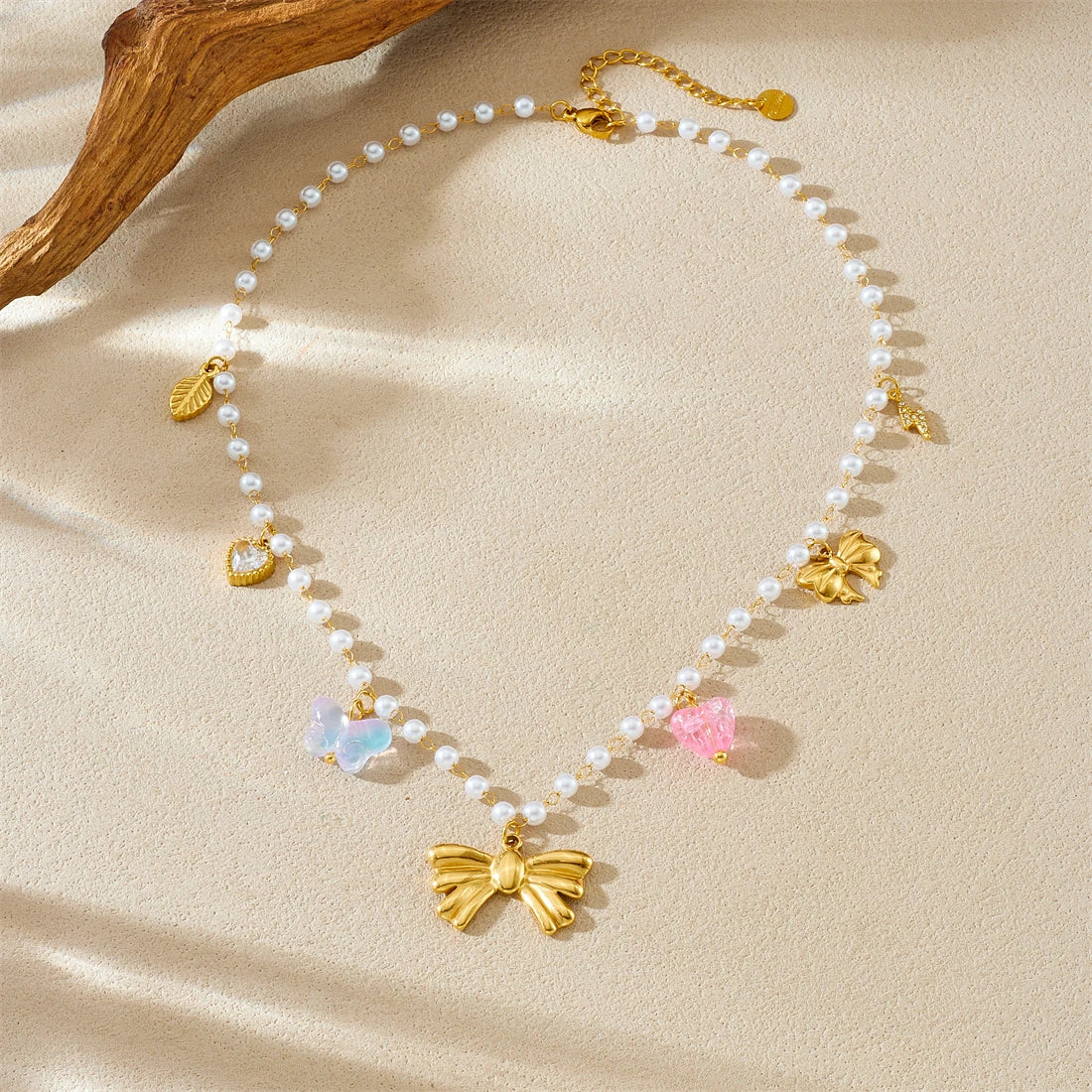 Coquette Bow Heart Butterfly Pearl Charm Necklace - Womens