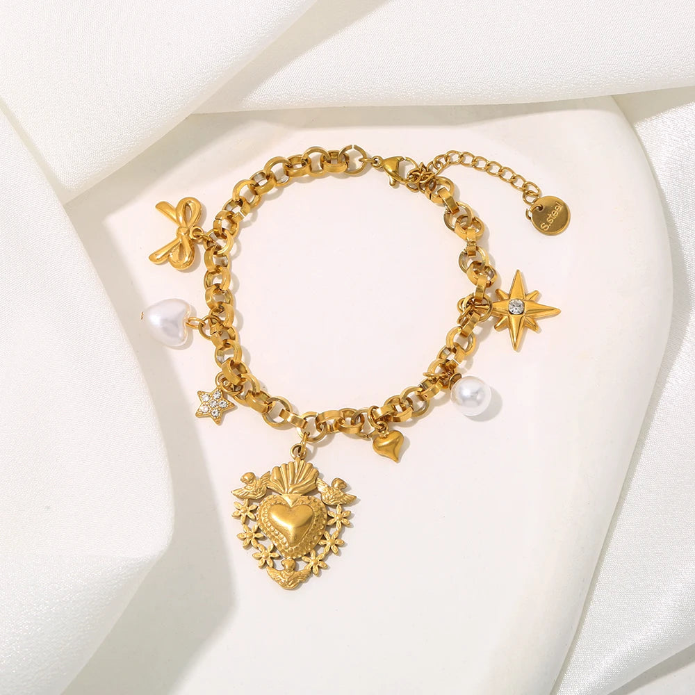 Vintage Bow Star Heart Pendant Pearl Gold Charm Bracelet - Stainless Steel - Womens