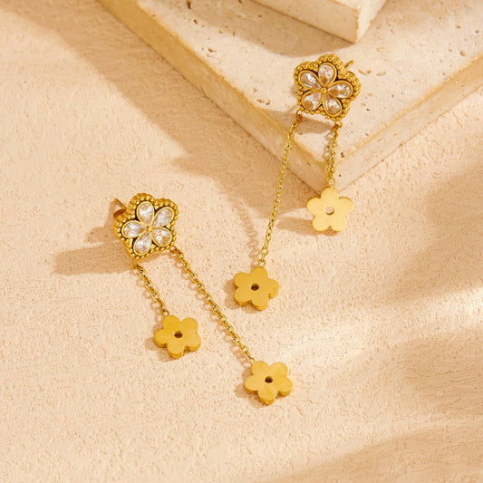 Y2K Zircon Flower Gold Dangling Earrings - Womens