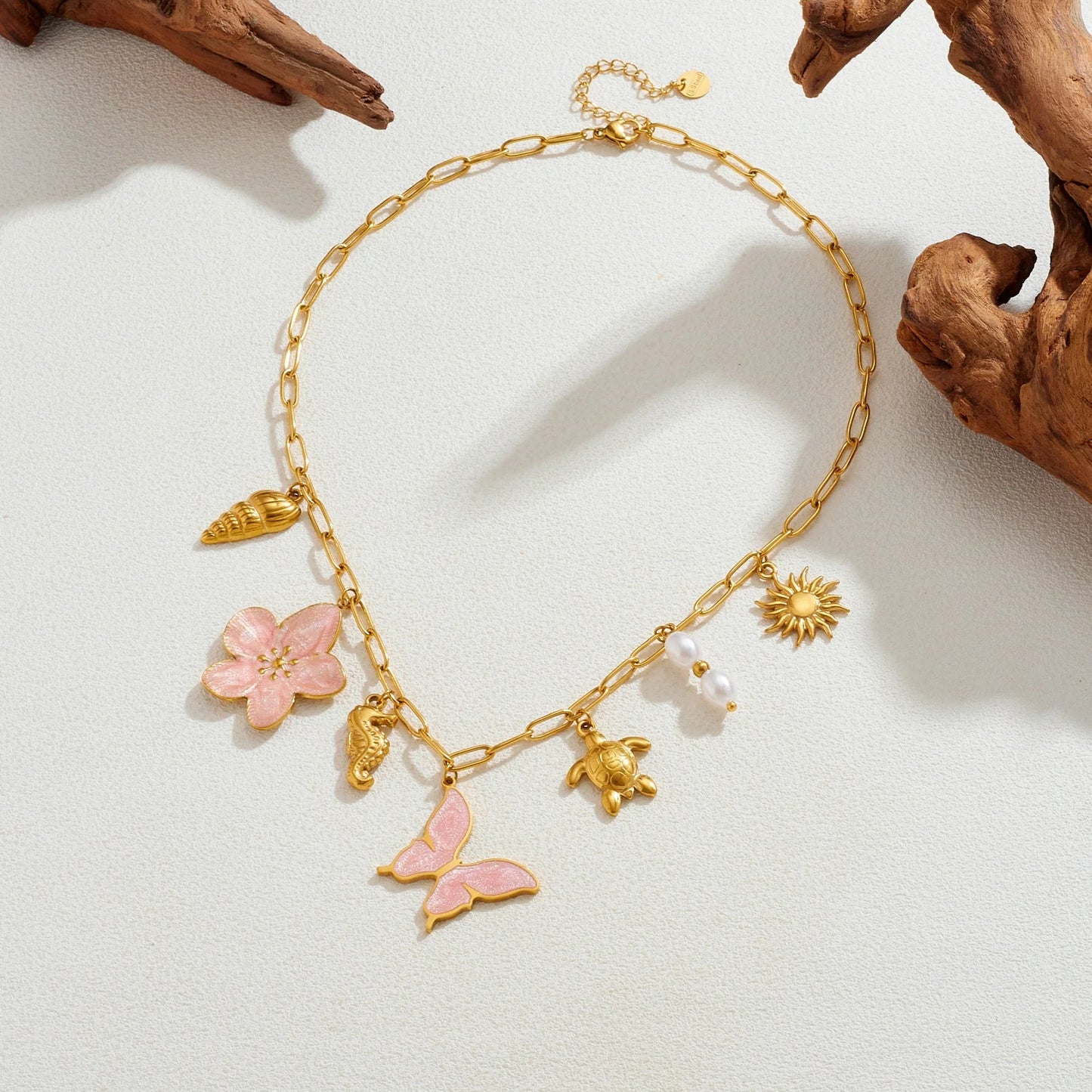 Pink Butterfly Shell Flower Sun Pendant Gold Charm Necklace - Stainless Steel - Womens